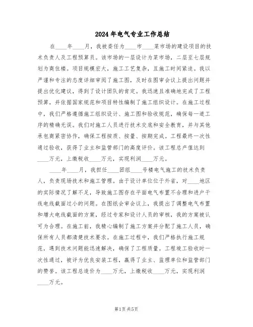 2024年电气专业工作总结（3篇）