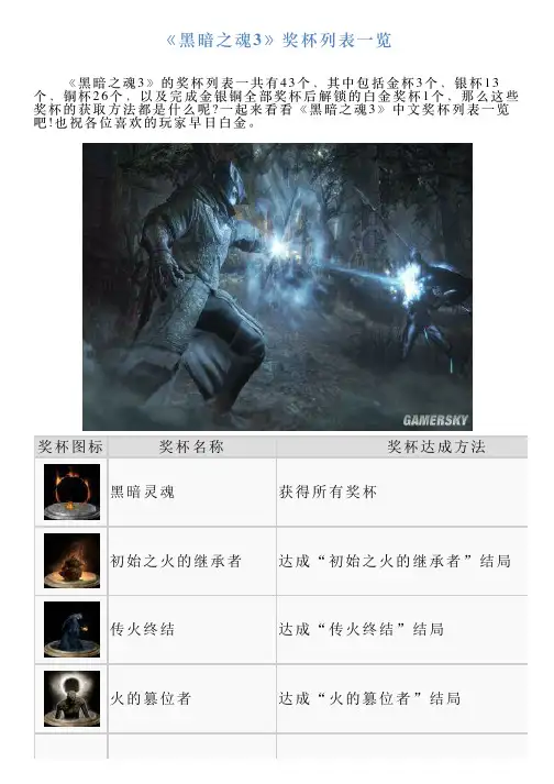 《黑暗之魂3》奖杯列表一览
