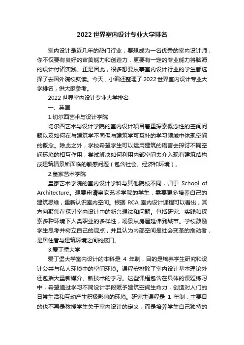 2022世界室内设计专业大学排名