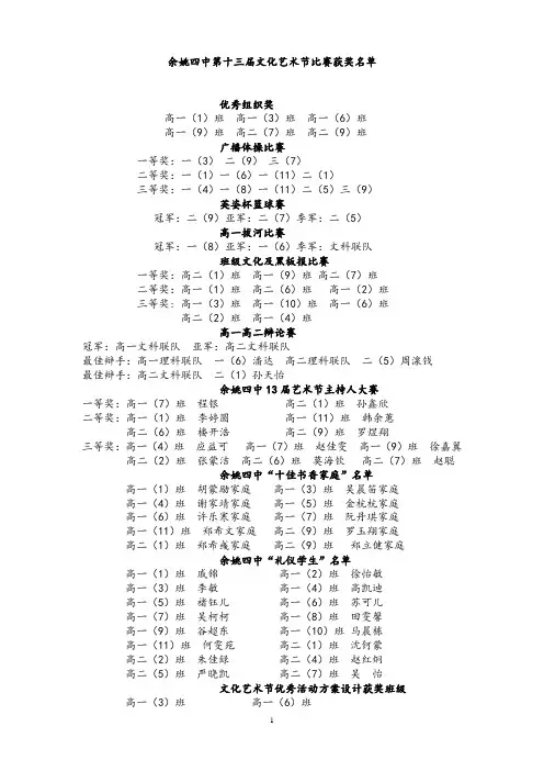 余姚四中第十三届文化艺术节团体比赛获奖名单.doc