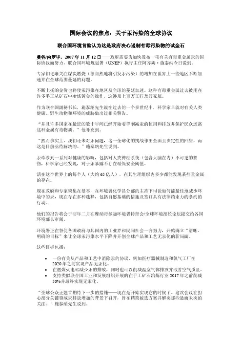国际会议的焦点：关于汞污染的全球协议