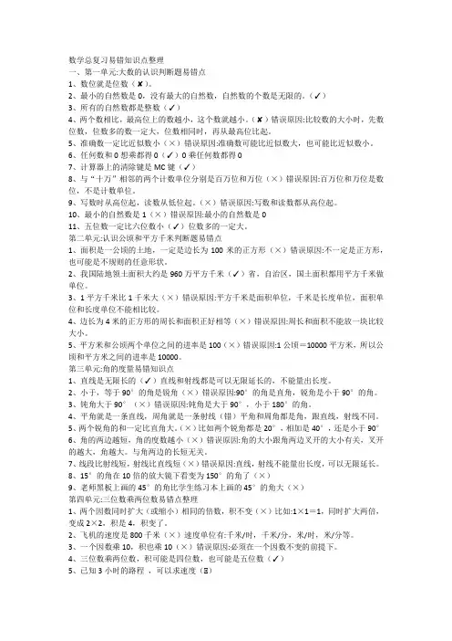 人教版数学四年级上册总复习易错知识点整理