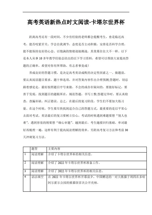 高考英语新热点时文阅读：卡塔尔世界杯