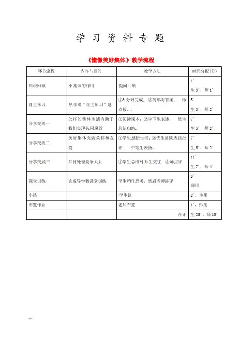 2019七年级道德与法治下册 第三单元第八课 美好集体有我在 第1框 憧憬美好集体教学流程 新人教