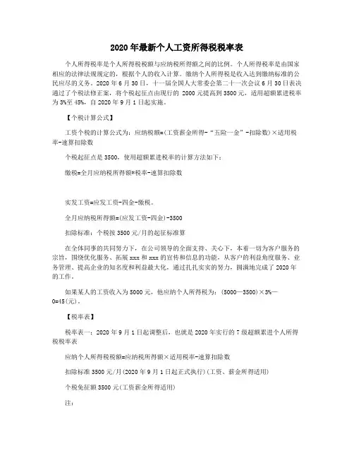 2020年最新个人工资所得税税率表