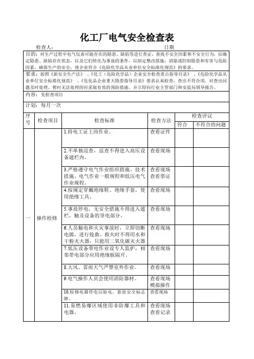 化工厂电气安全检查表
