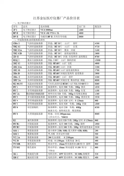 江苏金坛医疗仪器厂产品价目表