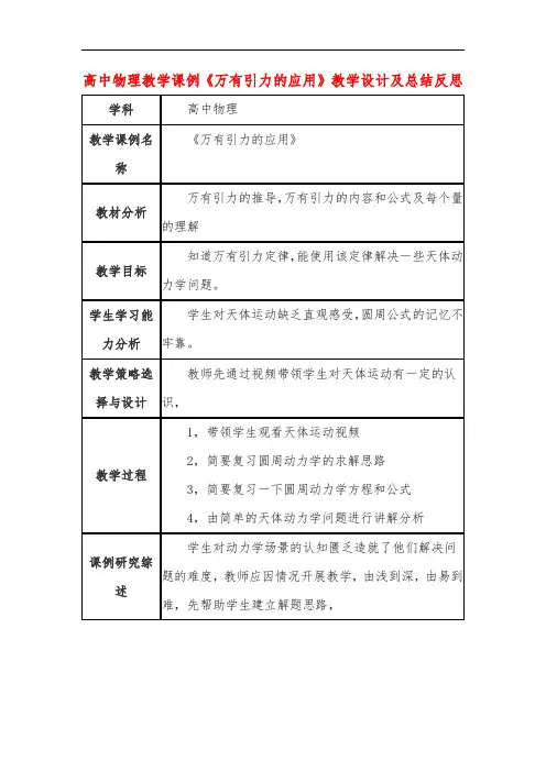 高中物理教学课例《万有引力的应用》课程思政核心素养教学设计及总结反思