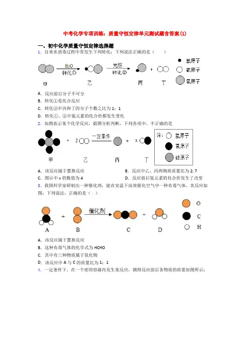中考化学专项训练：质量守恒定律单元测试题含答案(1)