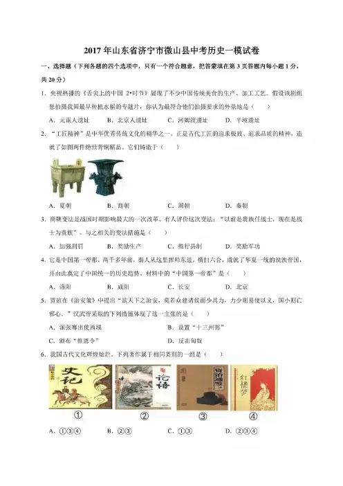 2017年山东省济宁市微山县中考历史一模考试试卷（解析版）