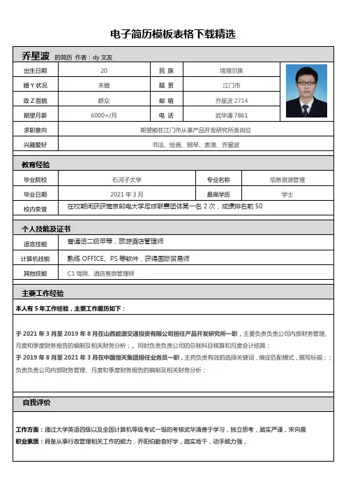 电子简历模板表格下载精选