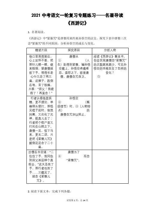 2021年中考语文一轮复习专题练习——名著导读《西游记》