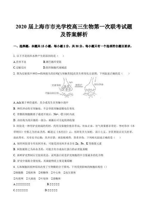 2020届上海市市光学校高三生物第一次联考试题及答案解析