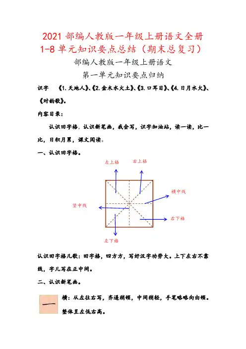 2021部编人教版一年级上册语文全册1-8单元知识要点背诵小结汇编(期末总复习资料)