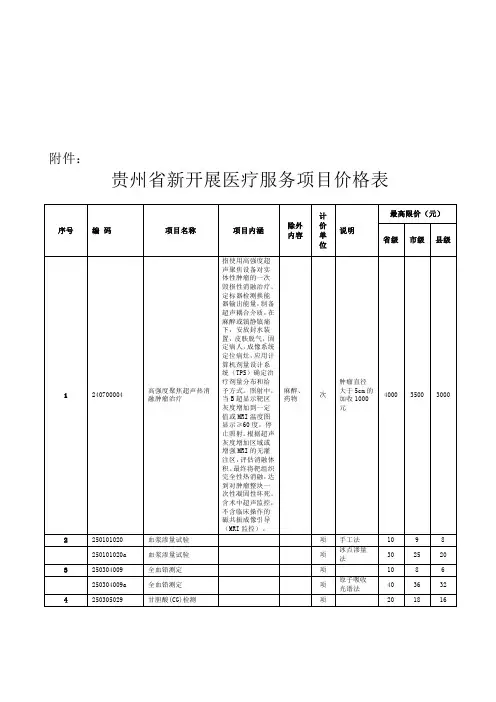 贵州省新开展医疗服务项目价格表