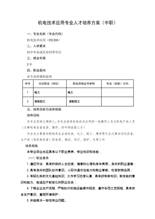 机电技术应用专业人才培养方案(中职)新