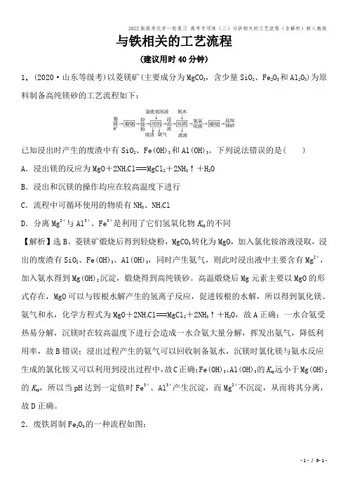 2022版高考化学一轮复习 高考专项练(二)与铁相关的工艺流程(含解析)新人教版