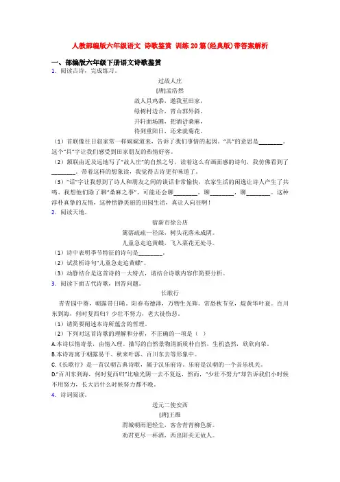 人教部编版六年级语文 诗歌鉴赏 训练20篇(经典版)带答案解析
