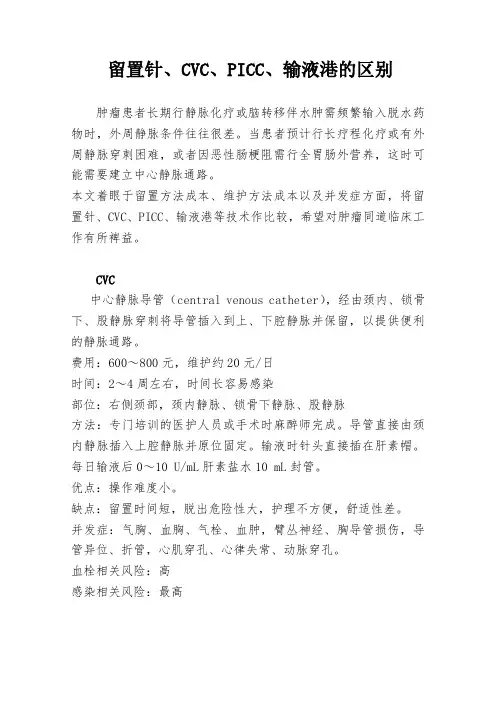 留置针、CVC、PICC、输液港的比较
