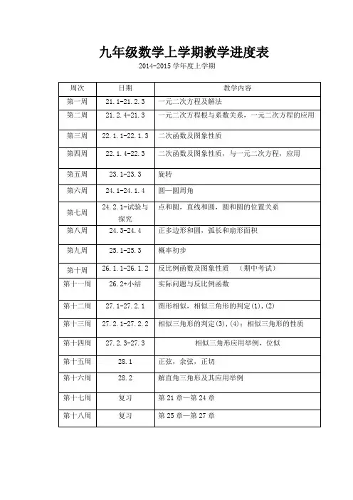 九年级数学上学期教学进度表