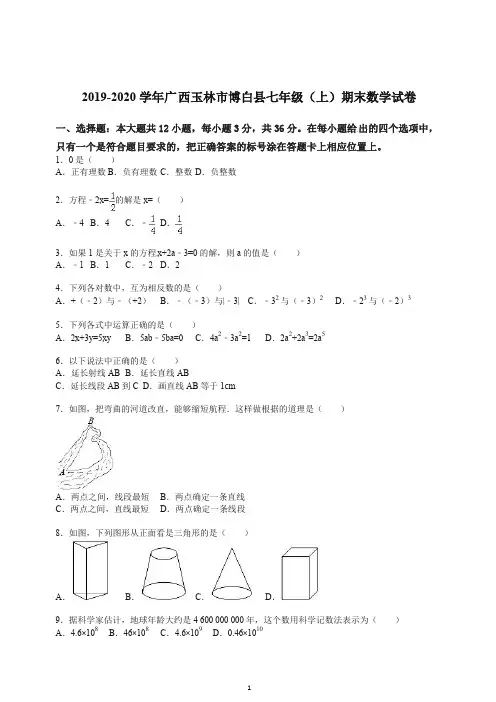 2019-2020学年广西玉林市博白县七年级(上册)期末数学试卷(解析版).doc