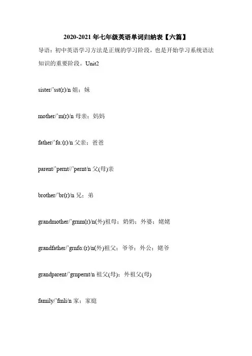 2021年新版七年级英语单词归纳表【六篇】汇总