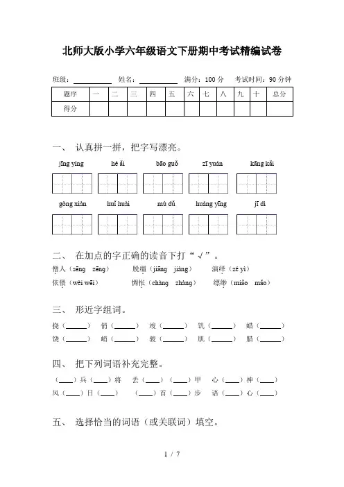 北师大版小学六年级语文下册期中考试精编试卷