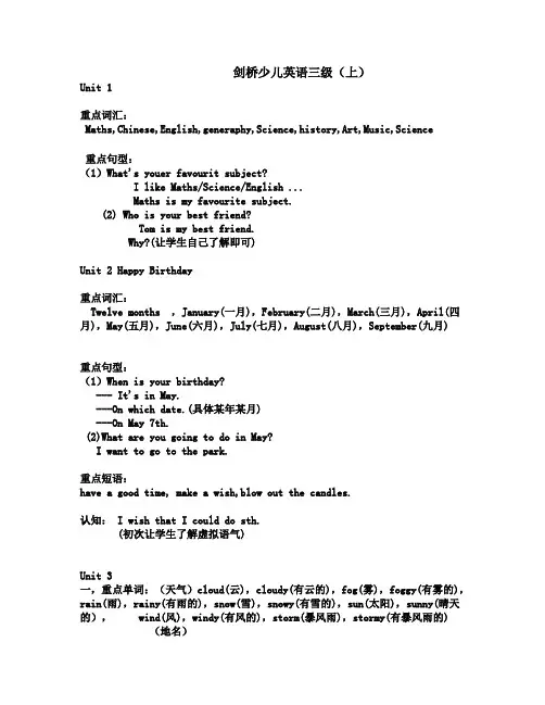 剑桥少儿英语三级(上)课文重点