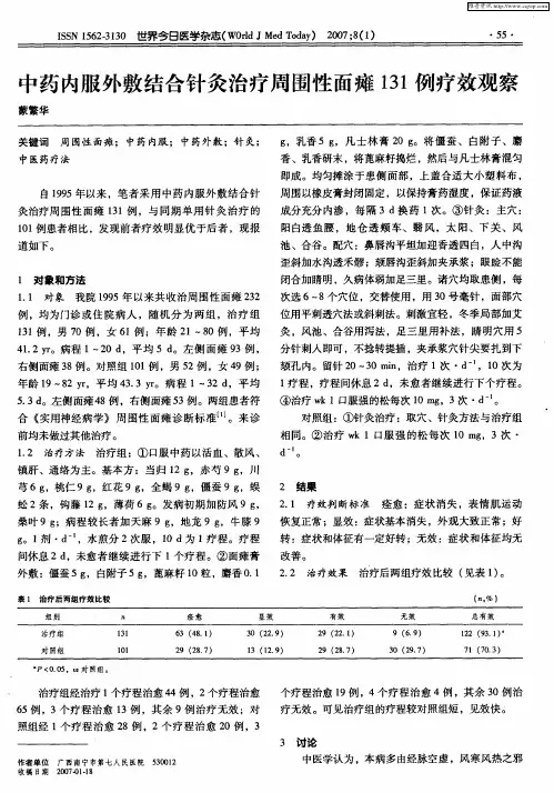 中药内服外敷结合针灸治疗周围性面瘫131例疗效观察
