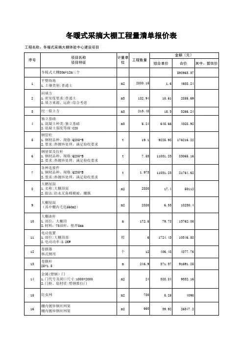 冬暖式采摘大棚工程量清单报价表