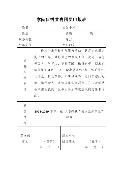 优秀团员申请表