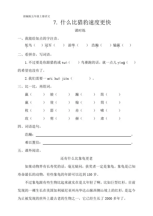 人教部编版五年级上册语文第7课《什么比猎豹速度更快》课时练(含答案)
