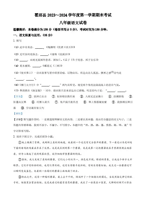 精品解析：安徽省六安市霍邱县2023-2024学年八年级上学期期末语文试题(解析版)