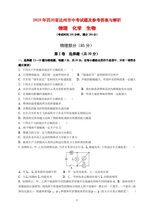 2019年四川省达州市中考物理试题及参考答案(word解析版)