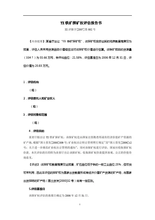 YX铁矿探矿权评估报告书