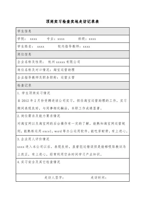 顶岗实习检查实地走访记录表