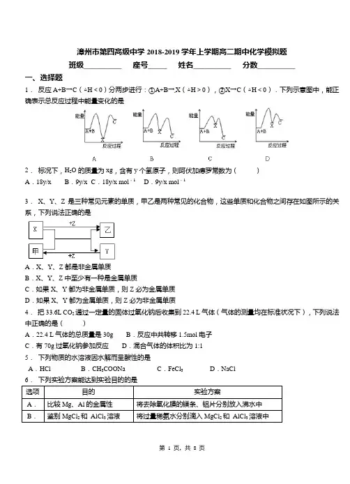 漳州市第四高级中学2018-2019学年上学期高二期中化学模拟题