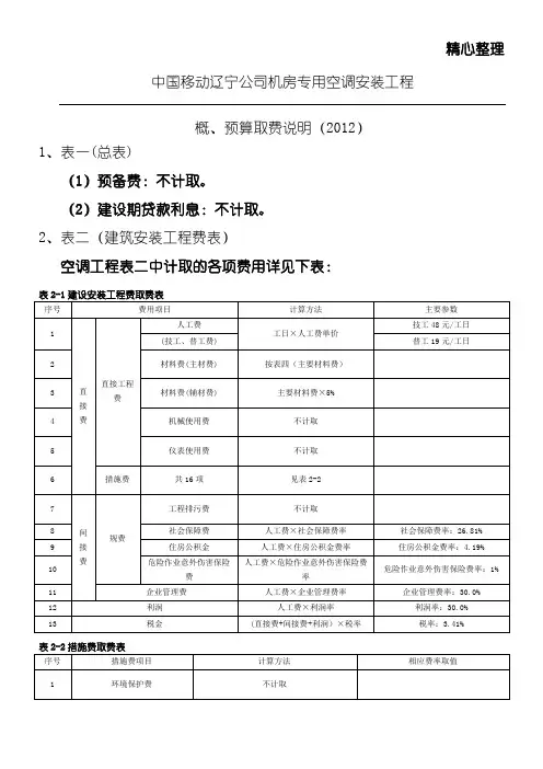 机房专用空调安装工程概预算取费说明