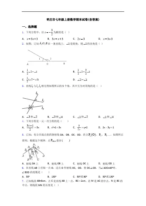 枣庄市七年级上册数学期末试卷(含答案)