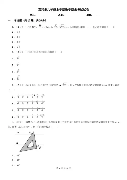 嘉兴市八年级上学期数学期末考试试卷