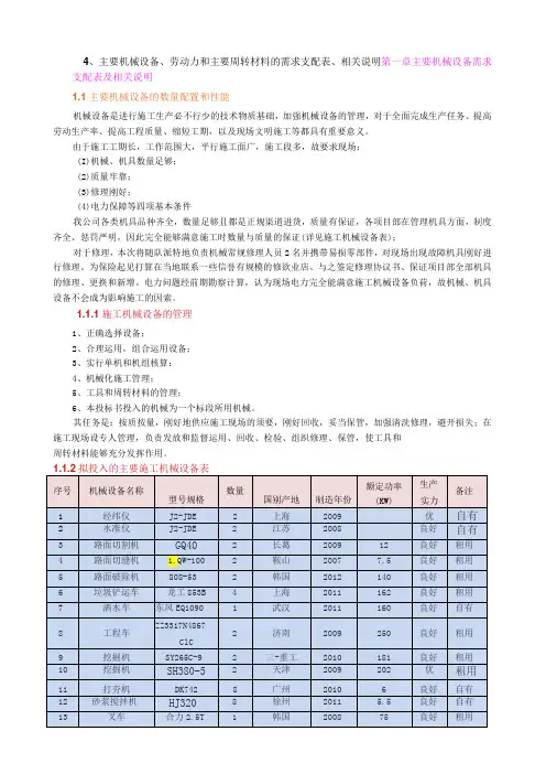 4、主要机械设备、劳动力和主要周转材料的需求计划表、相关说明