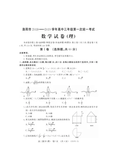 洛阳市2018-2019学年高中三年级第一次统一考试数学(理)试题+答案