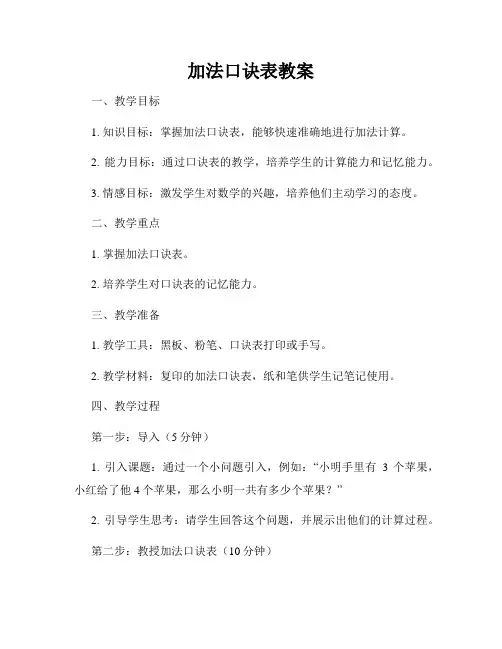 加法口诀表教案
