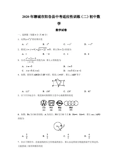 2020年聊城市阳谷县中考适应性训练(二)初中数学