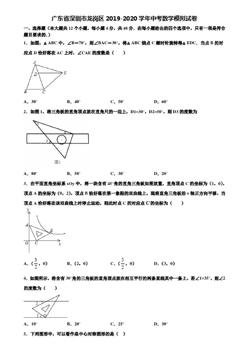 【附20套中考模拟试题】广东省深圳市龙岗区2019-2020学年中考数学模拟试卷含解析