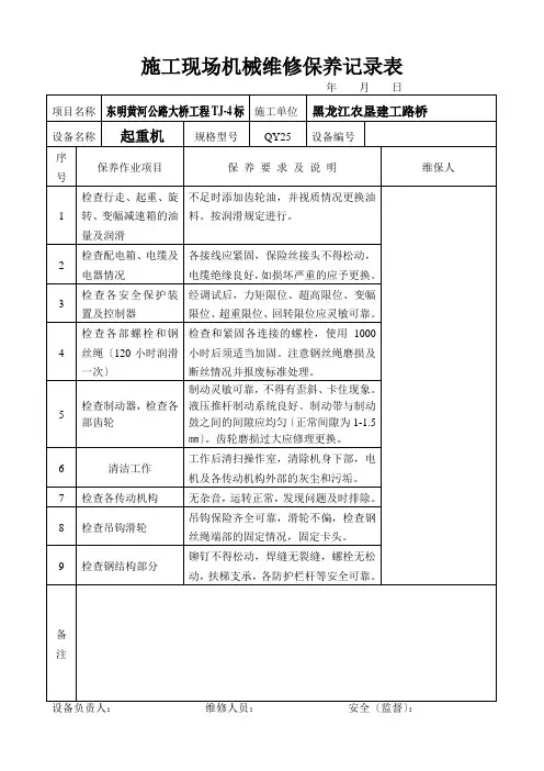 施工现场机械维修保养记录表