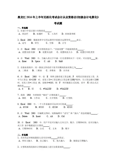 黑龙江2016年上半年无纸化考试会计从业资格证《初级会计电算化》考试题