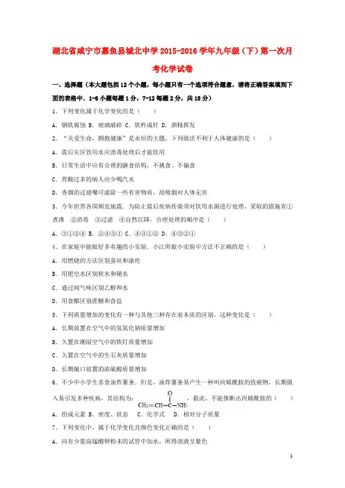 湖北省咸宁市嘉鱼县城北中学九年级化学下学期第一次月考试卷(含解析) 新人教版