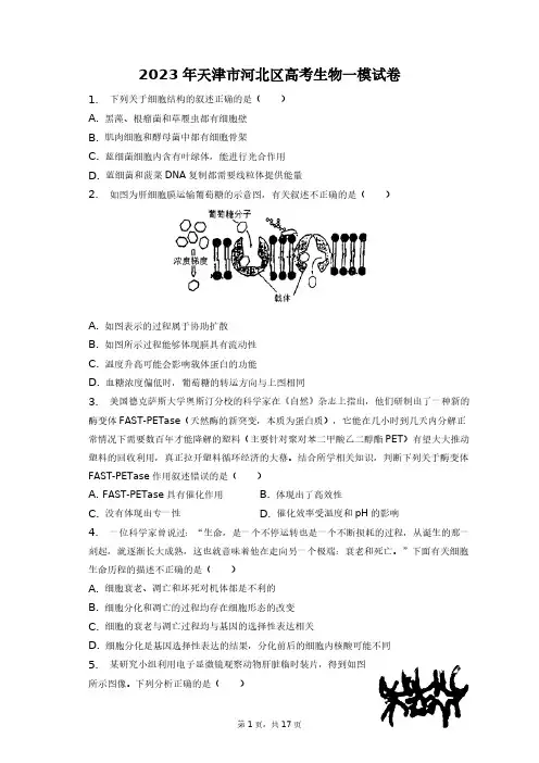 2023年天津市河北区高考生物一模试卷+答案解析(附后)