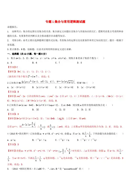 2019年高考数学艺术生百日冲刺专题01集合与常用逻辑测试题 含答案解析